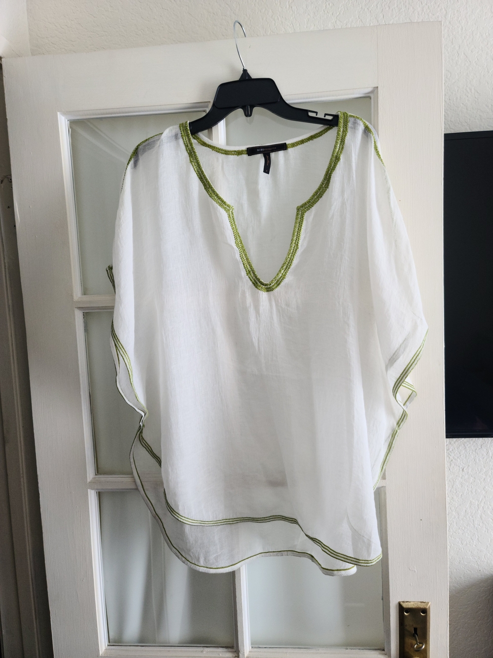 BCBGMaxAzria White Sheer V-Neck Tunic with Olive Trim
